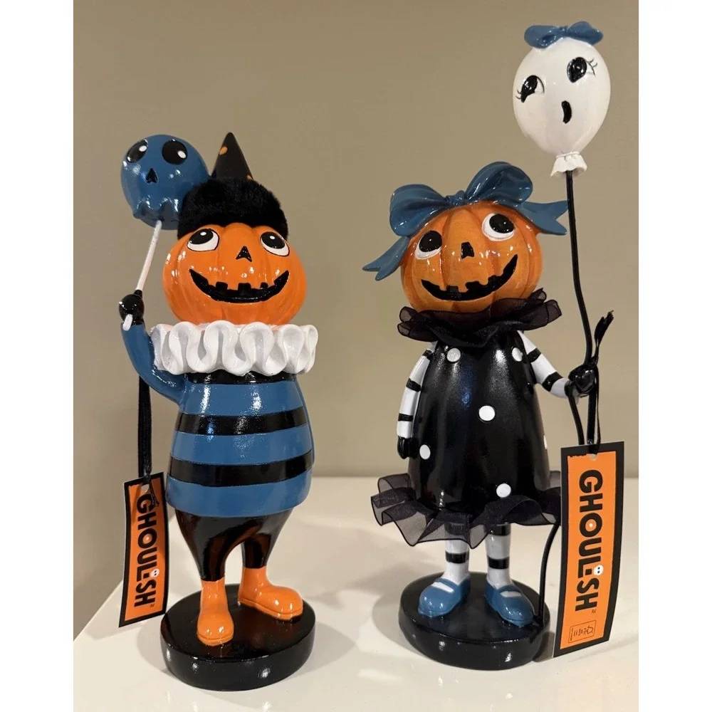 Ghoulish Retro Halloween Pumpkin Head Boy Girl Figurine Set Blue Black